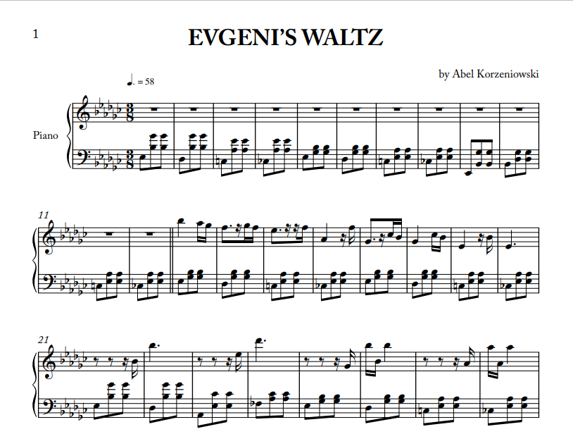 Abel Korzeniowski - Evgeni's waltz  sheet music for piano solo